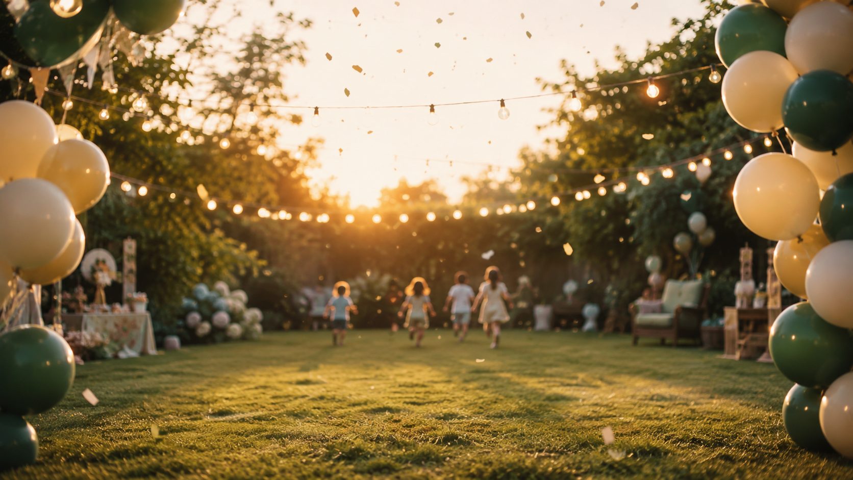 Patio al atardecer con guirnaldas de luces y globos