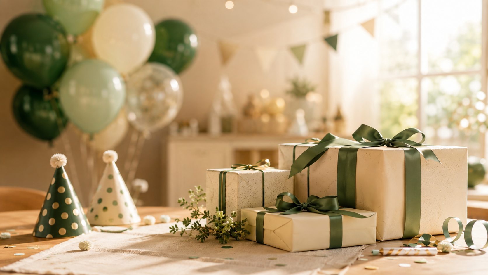 Regalos con cintas verdes y gorritos de fiesta