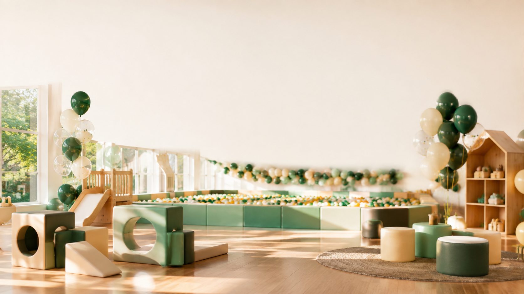 Sala de juegos luminosa con piscina de pelotas