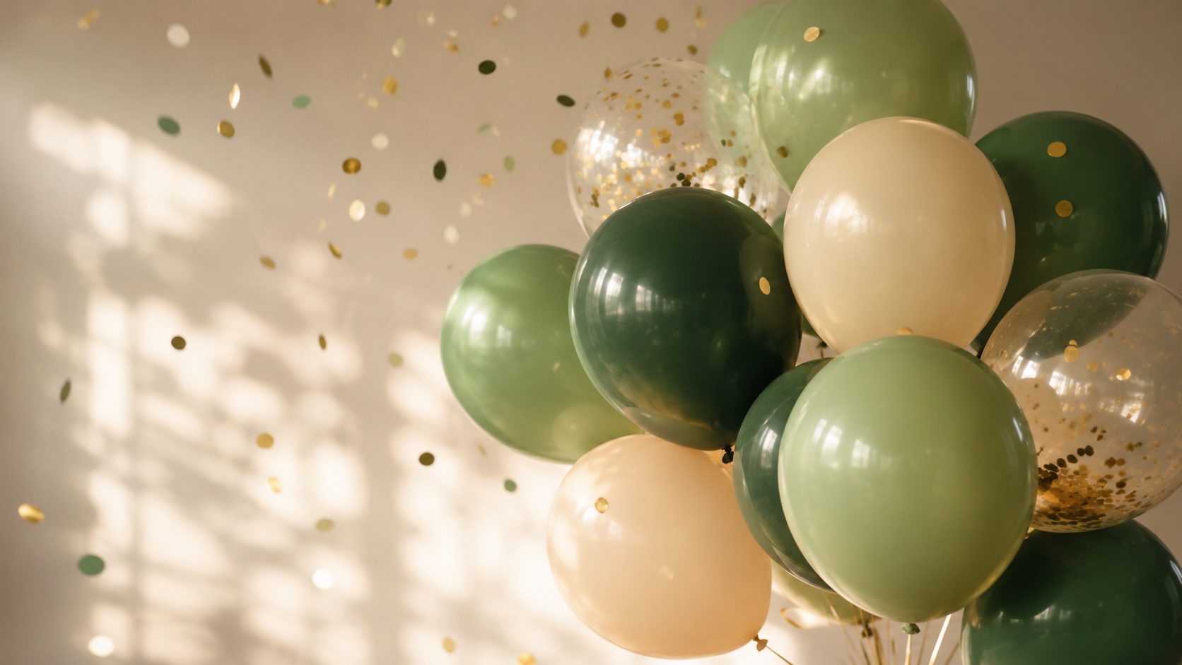 Globos verdes y crema con confeti dorado