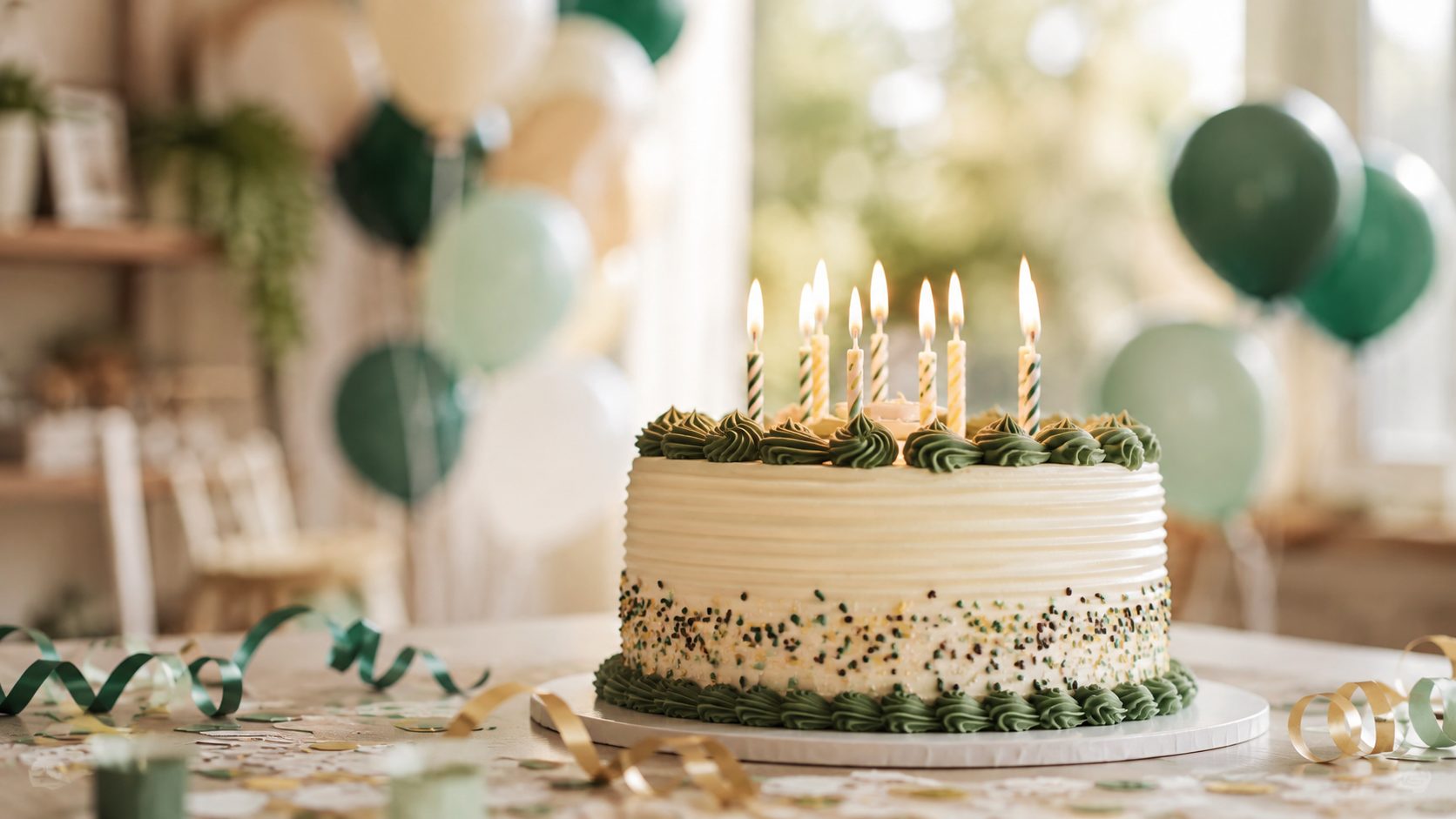 Torta de cumpleaños con velas encendidas y globos de fondo